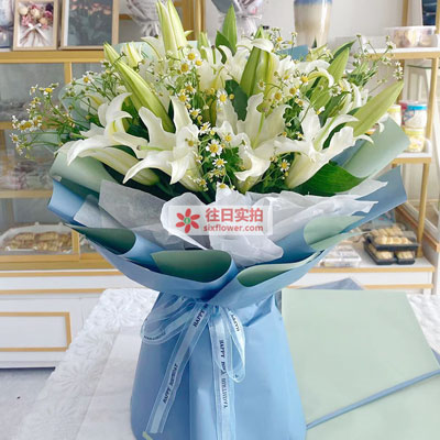 庆阳8支白色多头百合洋甘菊，互倾的思念